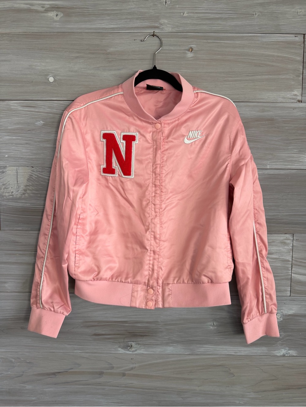 Nike Pink Satin Varsity Bomber Jacket with Red Letter Patch Girls XL